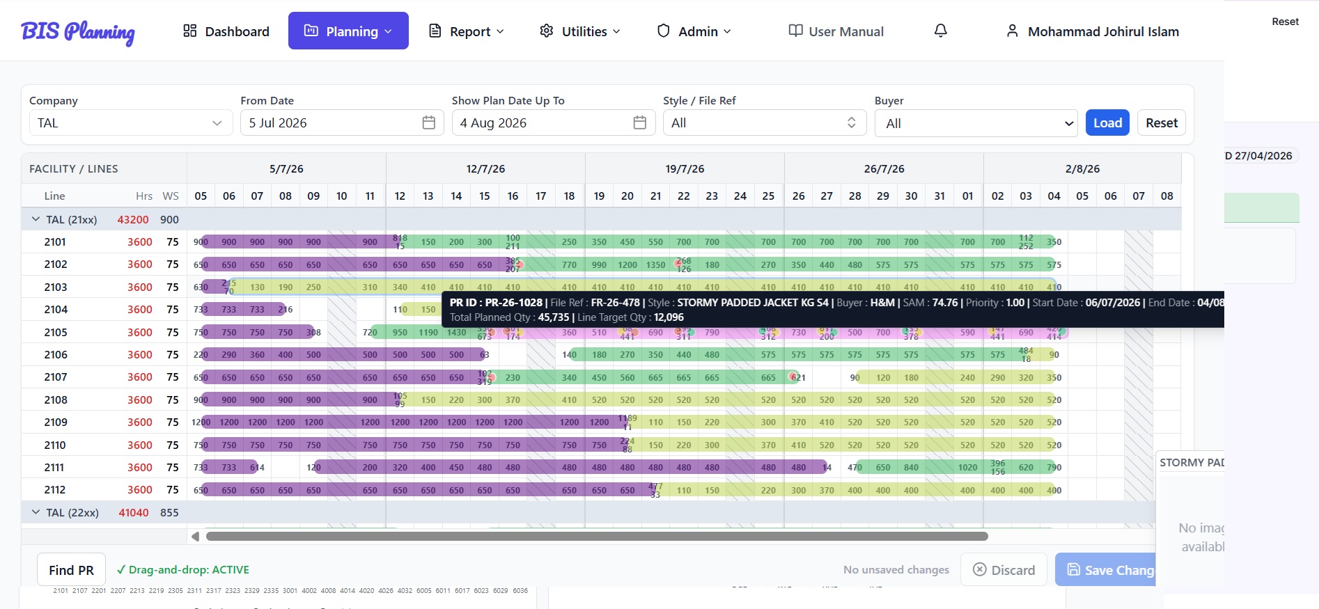 Planner drag-and-drop board scheduling orders across factory lines over a calendar